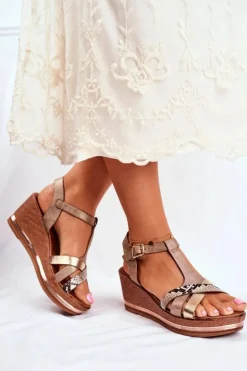 Evento Sandały Na Koturnie*Sandały Damskie Na Koturnie Beżowe Skóra Węża Enroll