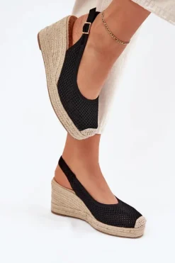 Outlet Boto Sandały Damskie Na Koturnie Z Plecionką Czarne Tulliata Czarny