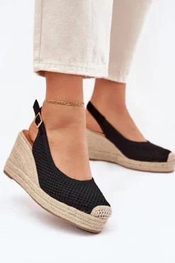 Outlet Boto Sandały Damskie Na Koturnie Z Plecionką Czarne Tulliata Czarny