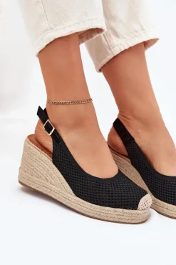 Outlet Boto Sandały Damskie Na Koturnie Z Plecionką Czarne Tulliata Czarny