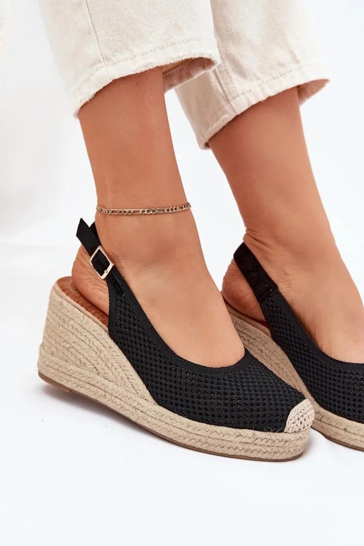 Outlet Boto Sandały Damskie Na Koturnie Z Plecionką Czarne Tulliata Czarny