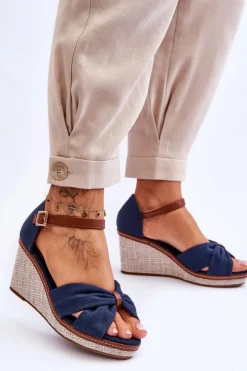 New Boto Sandały Damskie Na Koturnie Granatowe Daphne Niebieski