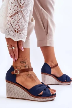 New Boto Sandały Damskie Na Koturnie Granatowe Daphne Niebieski