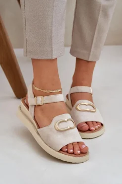 Boto Sandały Na Koturnie*Sandały Damskie Na Koturnie Z Ozdobą Beżowe Salianes Beżowy