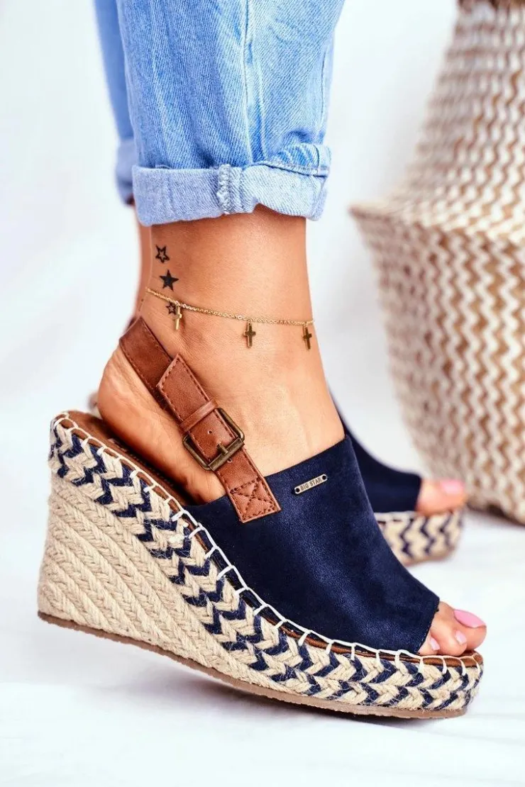 New Big Star Shoes Sandały Damskie Na Koturnie Big Star Granatowe FF274980