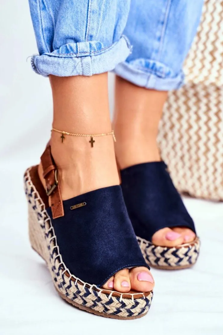 New Big Star Shoes Sandały Damskie Na Koturnie Big Star Granatowe FF274980