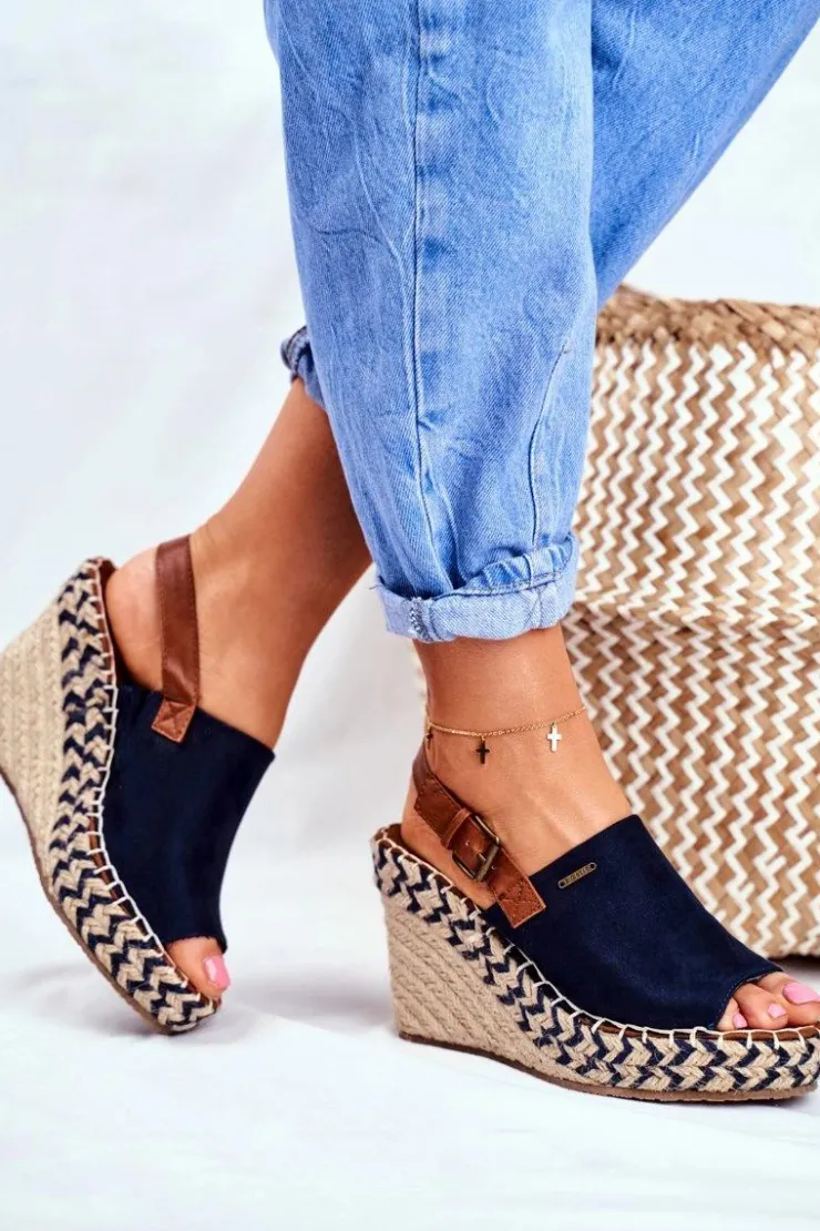 New Big Star Shoes Sandały Damskie Na Koturnie Big Star Granatowe FF274980