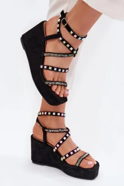 Sale Boto Sandały Damskie Na Koturnie Ze Zdobieniem Na Paskach Czarne Lunara Czarny