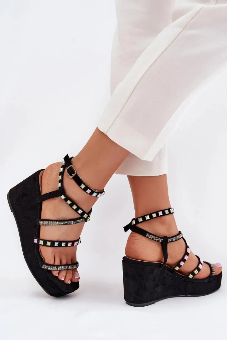 Sale Boto Sandały Damskie Na Koturnie Ze Zdobieniem Na Paskach Czarne Lunara Czarny