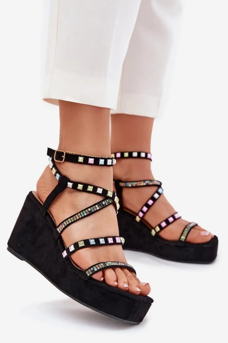 Sale Boto Sandały Damskie Na Koturnie Ze Zdobieniem Na Paskach Czarne Lunara Czarny