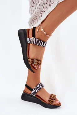 Boto Sandały Na Koturnie*Sandały Damskie Na Koturnie Panterka I Zebra Brązowe Monera Brązowy