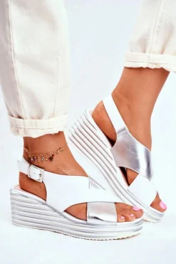 Buty Sergio Leone Sandały Na Koturnie*Sandały Damskie Na Koturnie Sergio Leone Białe SK328