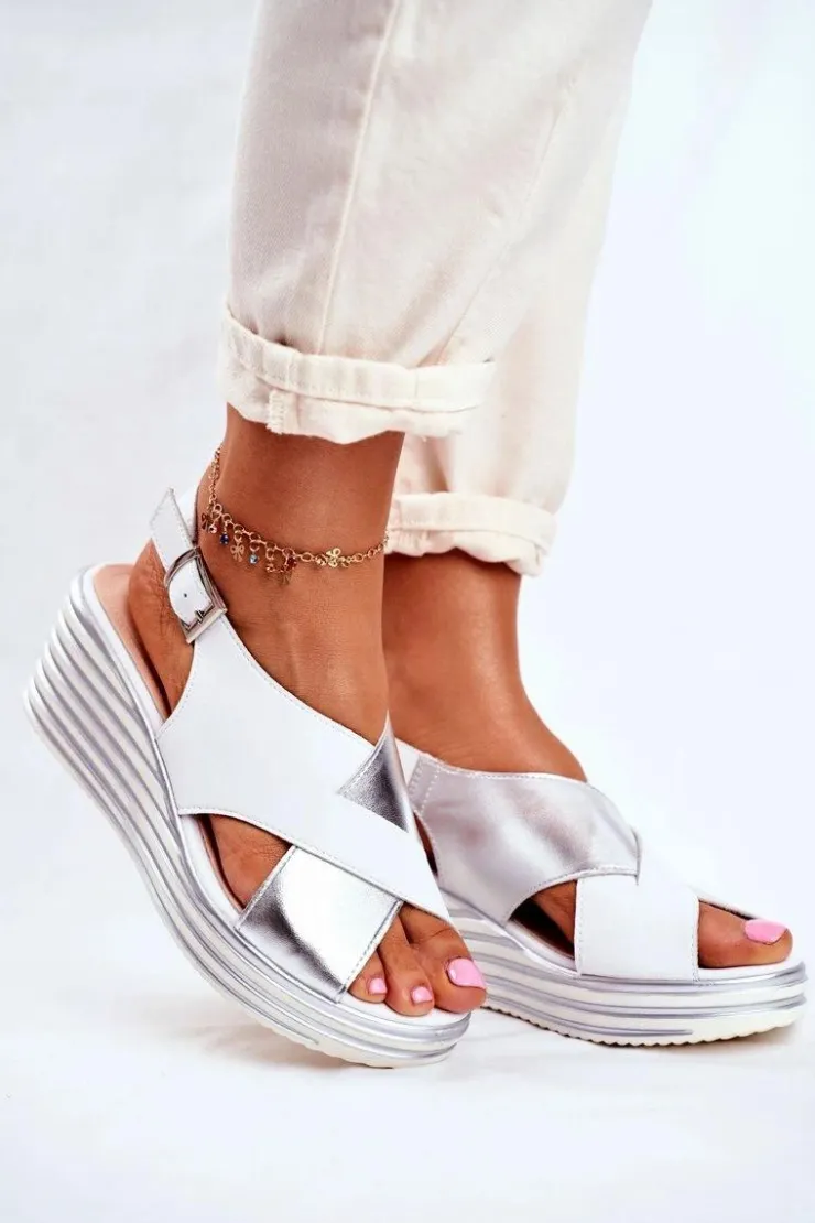 Buty Sergio Leone Sandały Na Koturnie*Sandały Damskie Na Koturnie Sergio Leone Białe SK328