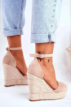 Boto Sandały Na Koturnie*Sandały Damskie Na Koturnie Lniane Beżowe Avocado