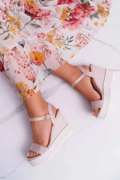 Online Boto Sandały Damskie Na Koturnie Lniane Beżowe Liviana