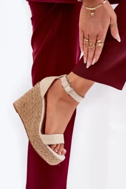 Damskie Boto Sandały Damskie Na Koturnie Z Plecionką Beżowe Adelio