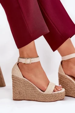 Damskie Boto Sandały Damskie Na Koturnie Z Plecionką Beżowe Adelio