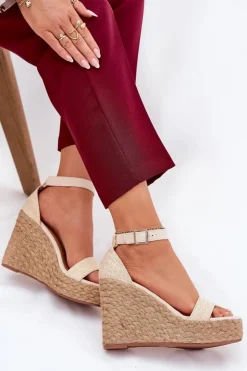 Damskie Boto Sandały Damskie Na Koturnie Z Plecionką Beżowe Adelio