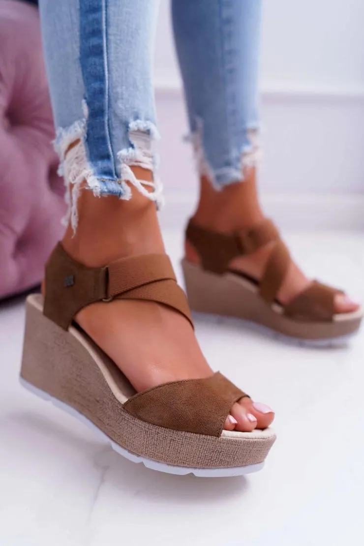 Big Star Shoes Sandały Big Star|Sandały Na Koturnie*Sandały Damskie Na Koturnie Big Star Zamszowe Brązowe DD276035