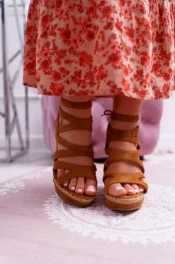 Damskie Boto Sandały Damskie Na Koturnie Sznurek Camel Liluena