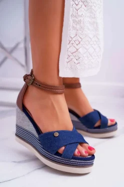 Boto Sandały Na Koturnie*Sandały Damskie Na Koturnie Jeans Granatowe DoThis!