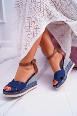 Boto Sandały Na Koturnie*Sandały Damskie Na Koturnie Jeans Granatowe DoThis!