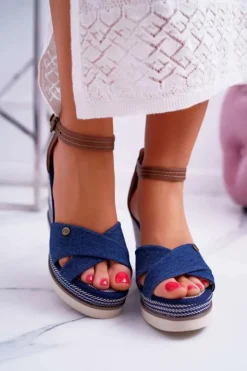 Boto Sandały Na Koturnie*Sandały Damskie Na Koturnie Jeans Granatowe DoThis!