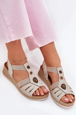 Damskie INBLU Sandały Damskie Na Koturnie Z Ozdobami RV000015 Jasnobeżowe