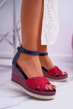 Best Boto Sandały Damskie Na Koturnie Jeans Czerwone DoThis!