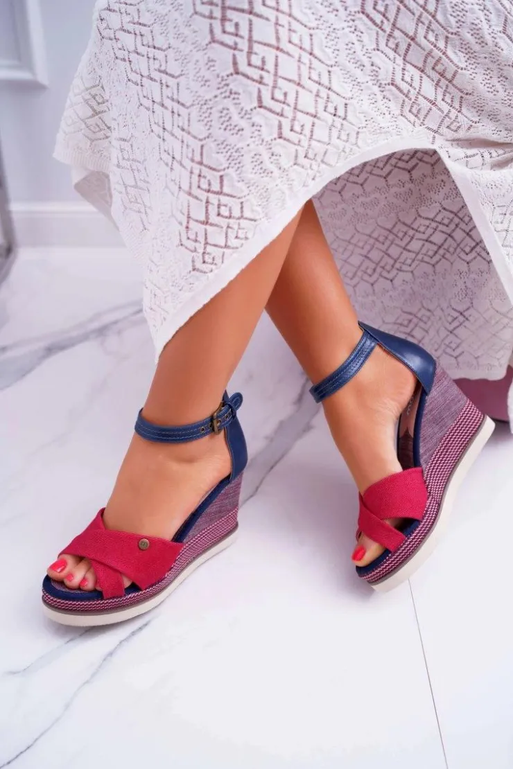 Best Boto Sandały Damskie Na Koturnie Jeans Czerwone DoThis!