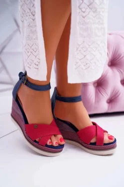 Best Boto Sandały Damskie Na Koturnie Jeans Czerwone DoThis!