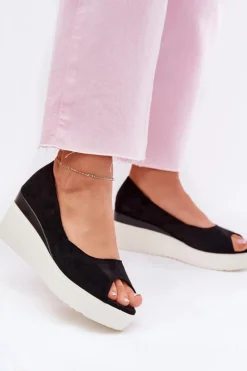 Boto Sandały Na Koturnie*Sandały Damskie Na Koturnie Z Eko Zamszu Czarne Velira Czarny