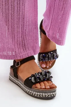 Discount Damskie buty S.Barski Sandały Damskie Na Koturnie I Platformie Z Ozdobami S.Barski HY056 Czarne