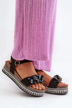 Discount Damskie buty S.Barski Sandały Damskie Na Koturnie I Platformie Z Ozdobami S.Barski HY056 Czarne