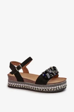 Discount Damskie buty S.Barski Sandały Damskie Na Koturnie I Platformie Z Ozdobami S.Barski HY056 Czarne