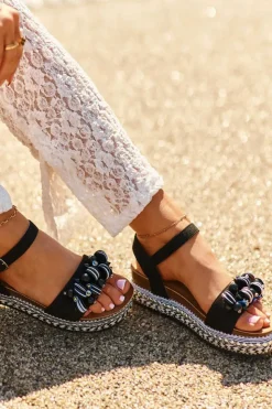 Discount Damskie buty S.Barski Sandały Damskie Na Koturnie I Platformie Z Ozdobami S.Barski HY056 Czarne