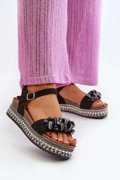 Discount Damskie buty S.Barski Sandały Damskie Na Koturnie I Platformie Z Ozdobami S.Barski HY056 Czarne