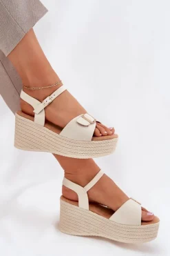 Boto Sandały Na Koturnie*Sandały Damskie Na Koturnie Z Klamrą Beżowe Liniella Beżowy