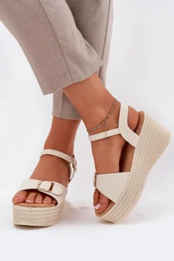 Boto Sandały Na Koturnie*Sandały Damskie Na Koturnie Z Klamrą Beżowe Liniella Beżowy