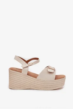 Boto Sandały Na Koturnie*Sandały Damskie Na Koturnie Z Klamrą Beżowe Liniella Beżowy