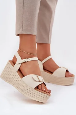 Boto Sandały Na Koturnie*Sandały Damskie Na Koturnie Z Klamrą Beżowe Liniella Beżowy