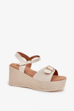 Boto Sandały Na Koturnie*Sandały Damskie Na Koturnie Z Klamrą Beżowe Liniella Beżowy