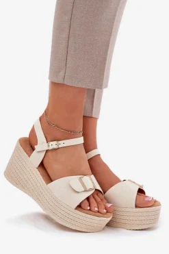 Boto Sandały Na Koturnie*Sandały Damskie Na Koturnie Z Klamrą Beżowe Liniella Beżowy