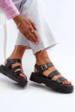 Boto Sandały Płaskie*Sandały Damskie Na Masywnej Podeszwie Czarne Nicarda