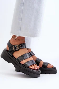 Boto Sandały Płaskie*Sandały Damskie Na Masywnej Podeszwie Czarne Nicarda