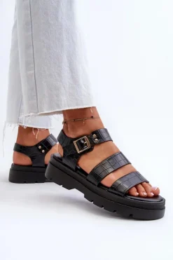 Boto Sandały Płaskie*Sandały Damskie Na Masywnej Podeszwie Czarne Nicarda