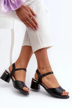 Sale Buty Sergio Leone Sandały Damskie Na Niskim Obcasie Eko Skórzane Sergio Leone SK876 Czarne Czarny