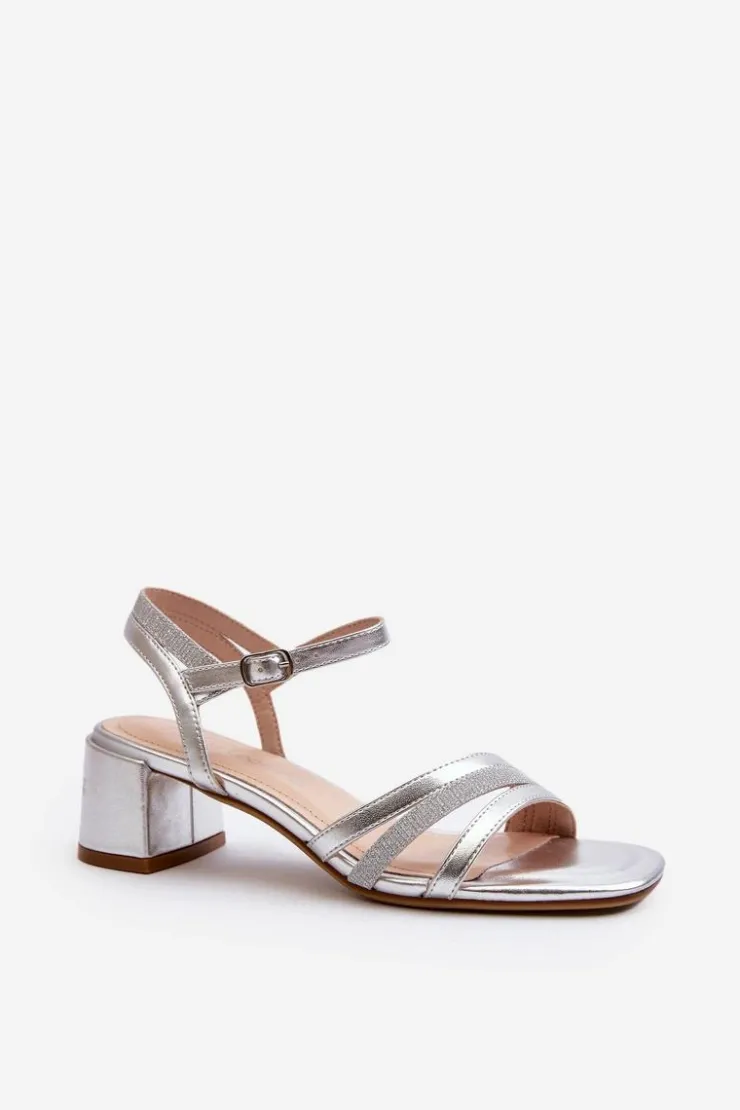 Buty Sergio Leone Sandały Na Obcasie*Sandały Damskie Na Niskim Obcasie Z Eko Skóry Sergio Leone SK046 Srebrne Srebrny