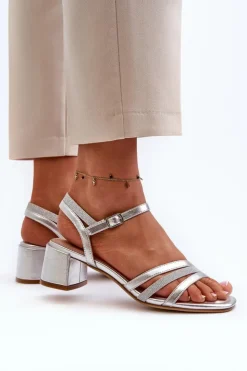 Buty Sergio Leone Sandały Na Obcasie*Sandały Damskie Na Niskim Obcasie Z Eko Skóry Sergio Leone SK046 Srebrne Srebrny