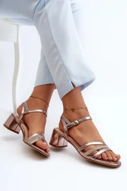 Buty Sergio Leone Sandały Damskie Na Niskim Obcasie Z Eko Skóry Sergio Leone SK046 Różowe Złoto Złoty